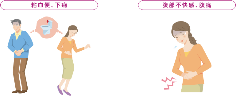 粘血便、下痢 腹部不快感、腹痛